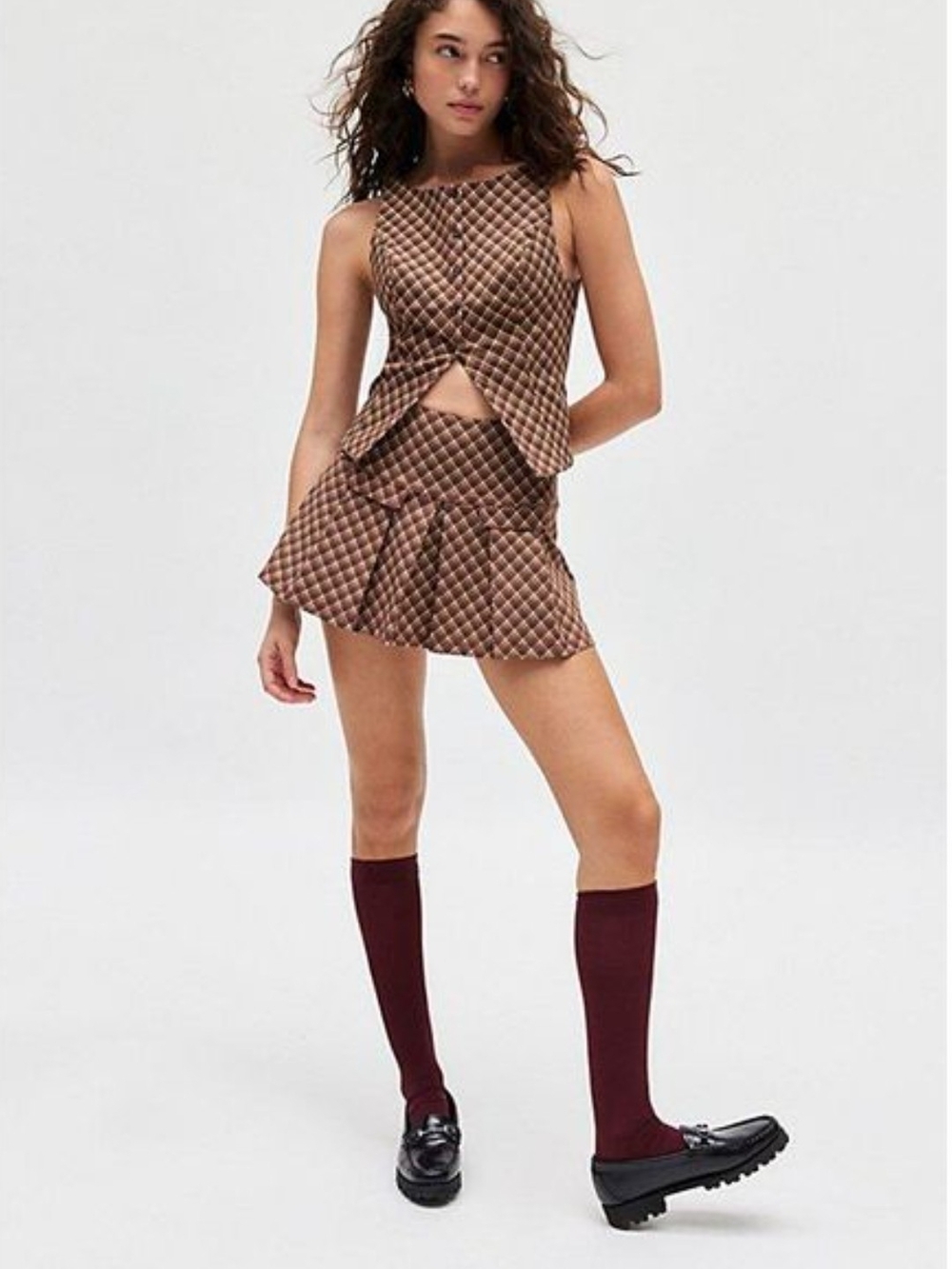 UO Kimchi Blue Retro Quilted Plaid Pattern Two-Piece Skirt Set
